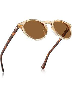 Women's Clear Brown Vintage Round Acetate Polarized Sunglasses UV Protection